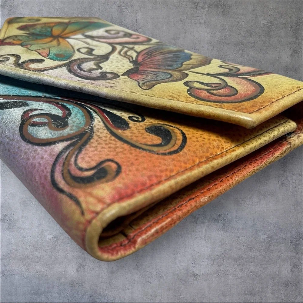 Anuschka Hand Painted Leather Envelope Flap Organizer Wallet Butterflies Floral